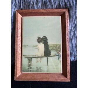 Vintage Girl With Dog On Bench Tile Framed  6 X 5 X1 /1970s Wall Art Decor Beach